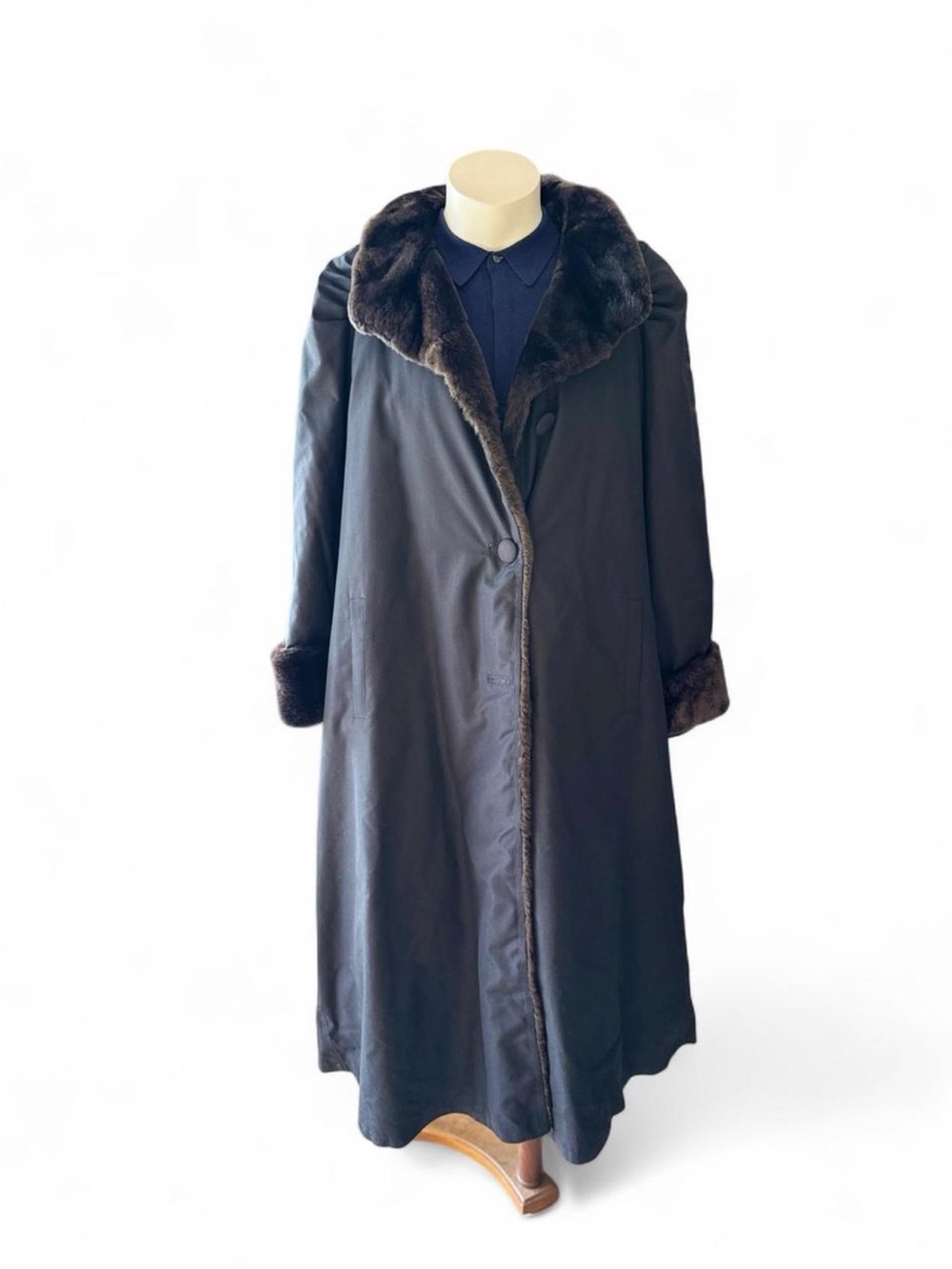 Valentino Black Long Pea Coat with Dark Fur Trim